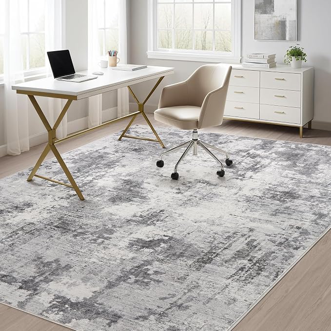 Abstract 12x14 Area Rug: Machine Washable Non Slip Ultra Thin Low-Pile Carpet, Soft Stain Resistant for Living Room Bedroom Office, Kid Pet Friendly, Robot Vacuum Compatible - Grey