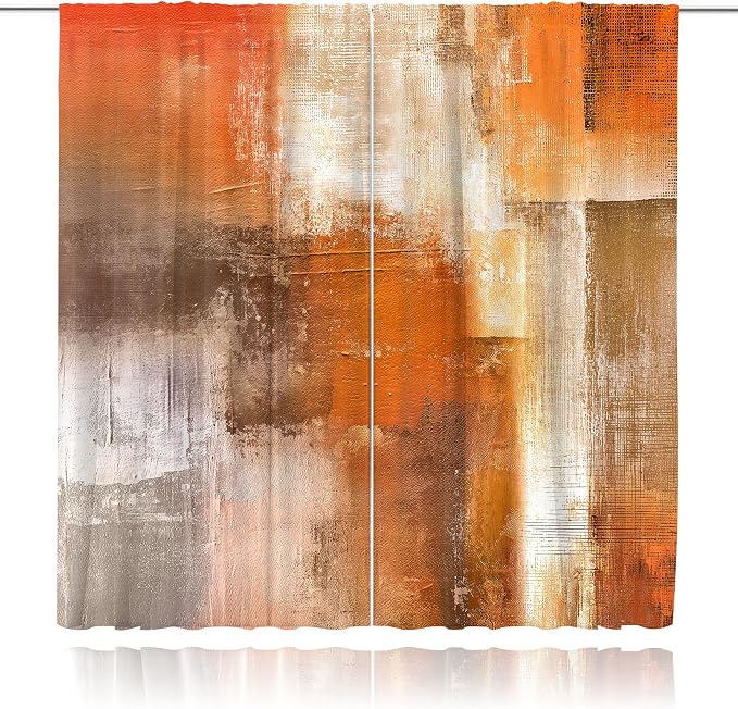 MESHELLY Abstract Burnt Orange Curtains 52W x 63H Inch Rod Pocket Rustic Rust Brown Art Painting Modern Contemporary Watercolor Cool Grey Oil Print Living Room Bedroom Window Drapes Fabric 2 Panel