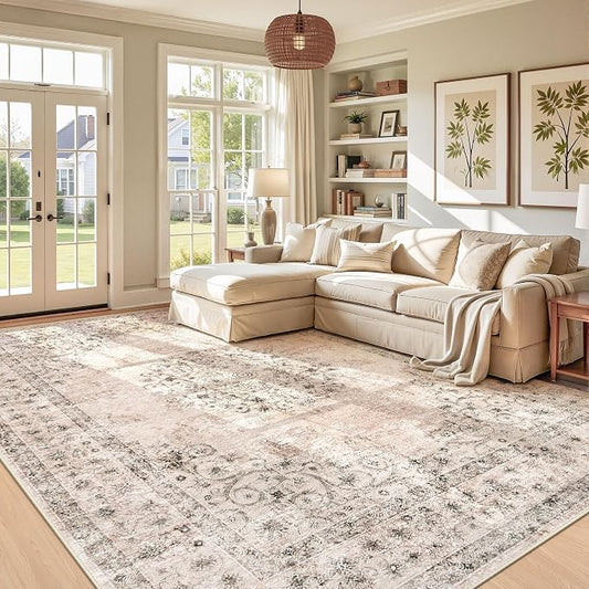 Area Rug 9x12 Vintage Rug: Large Washable Indoor Medallion Rugs Low Pile Distressed Floor Carpet Retro Accent Rug for Living Room Bedroom Kitchen Dining Table Home Office(Distressed Brown, 9'x12')