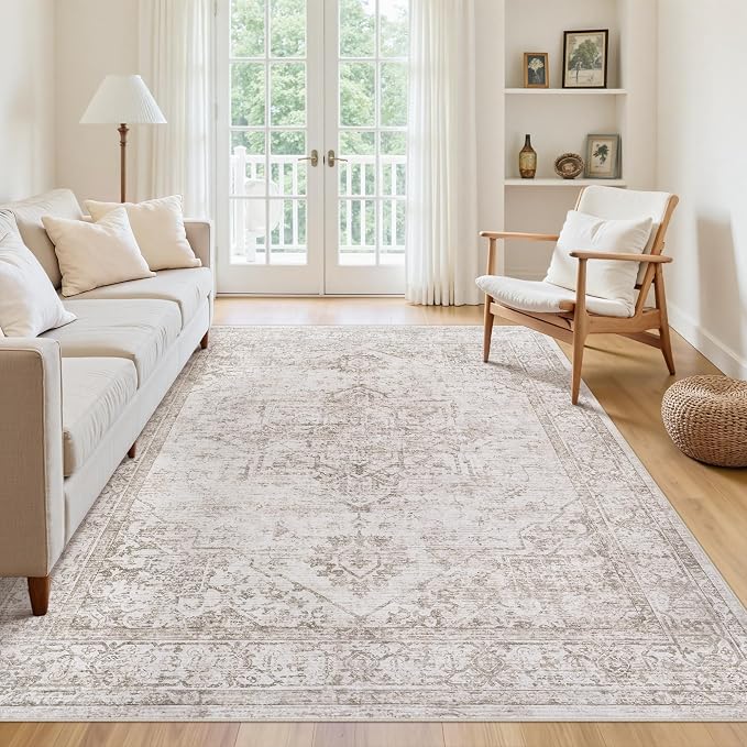 5x7 Area Rugs for Living Room:Beige Washable Vintage Medallion Carpet Non-Slip Soft Low Pile Large Rugs Indoor Retro Rug for Bedroom Nursery Dining Table Office Home(Beige Brown, 5'x7')