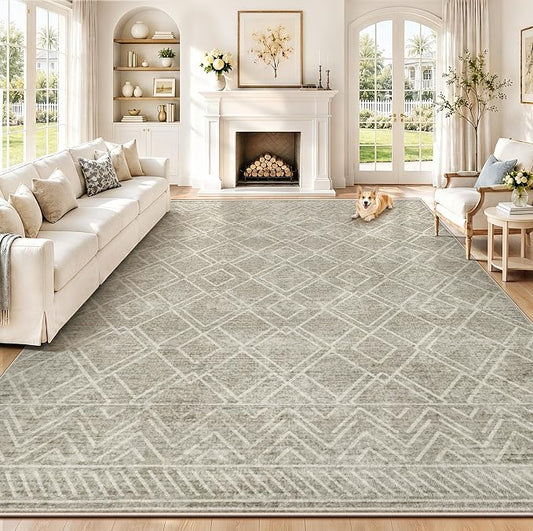Area Rugs 9x12 Living Room Rug: Washable Geometric Moroccan Neutral Rugs Boho Modern Non Slip Area Rug Large Soft Indoor Floor Low Pile Carpet for Bedroom Dining Room Home Office (Brown, 9'x12')