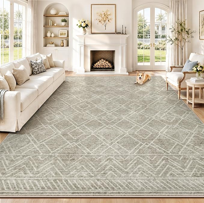 Area Rugs 8x10 Living Room Rug: Washable Geometric Moroccan Neutral Rugs Boho Modern Non Slip Area Rug Large Soft Indoor Floor Low Pile Carpet for Bedroom Dining Room Home Office (Brown, 8'x10')