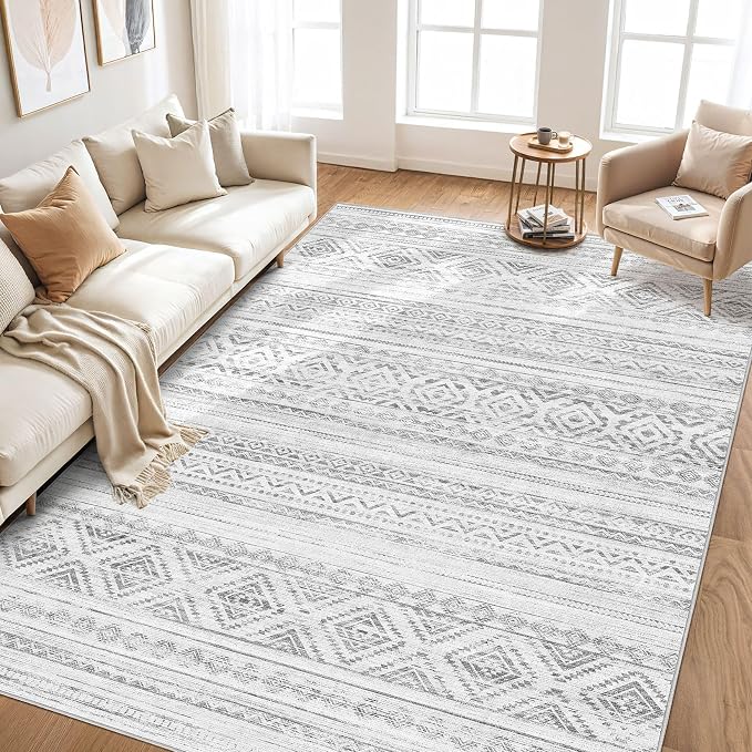 cotiled 10x14 Area Rugs Living Room Rug: Washable Boho Rugs with Non Slip Backing Large Soft Indoor Stain Resistant Carpet for Bedroom Farmhouse Dining Room Lightweight Home Decor Light Grey