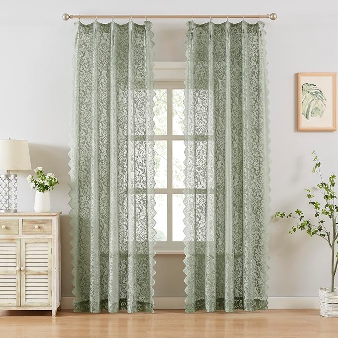 Bujasso Sage Green Lace Pinch Pleat Curtains 63 inch,Vintage Floral Sheer Drapes with Hooks & Rings,Baroque Damask Scalloped Edge Light Filtering Window Panels for Bedroom Living Room, 40" Wx63 Lx2