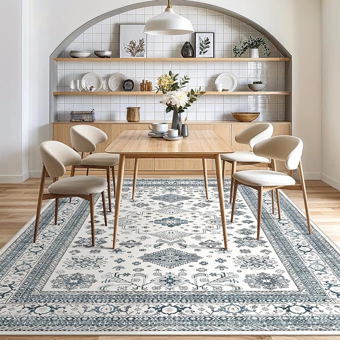Vintage Living Room Area Rug 5x7 - Large Soft Washable Oriental Traditional Distressed Farmhouse Rugs for Bedroom - Indoor Floor Accent Carpet for Home Office House Decor - Powder Blue