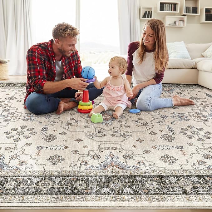 10x14 Area Rugs for Living Room - Large Carpet Ultra Thin Soft Washable Oriental Vintage Floral Distressed Big Indoor Carpets for Bedroom Nursery Dorm Home Decor Aesthetic - Brown Black