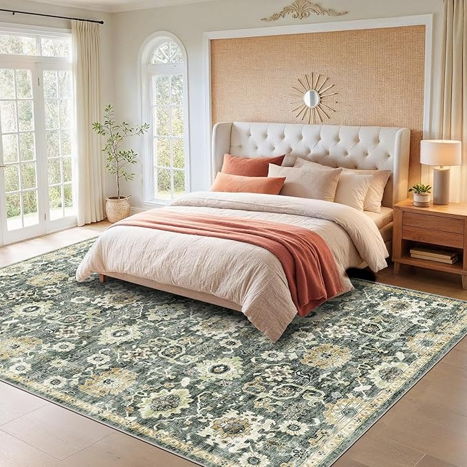 AMADA HOMEFURNISHING 10x14 Washable Area Rug, Low-Profile Large Area Rug with Non-Slip Backing & Durable Edge Binding, Vintage Large Rugs for Living Room, Bedroom & Dining Room