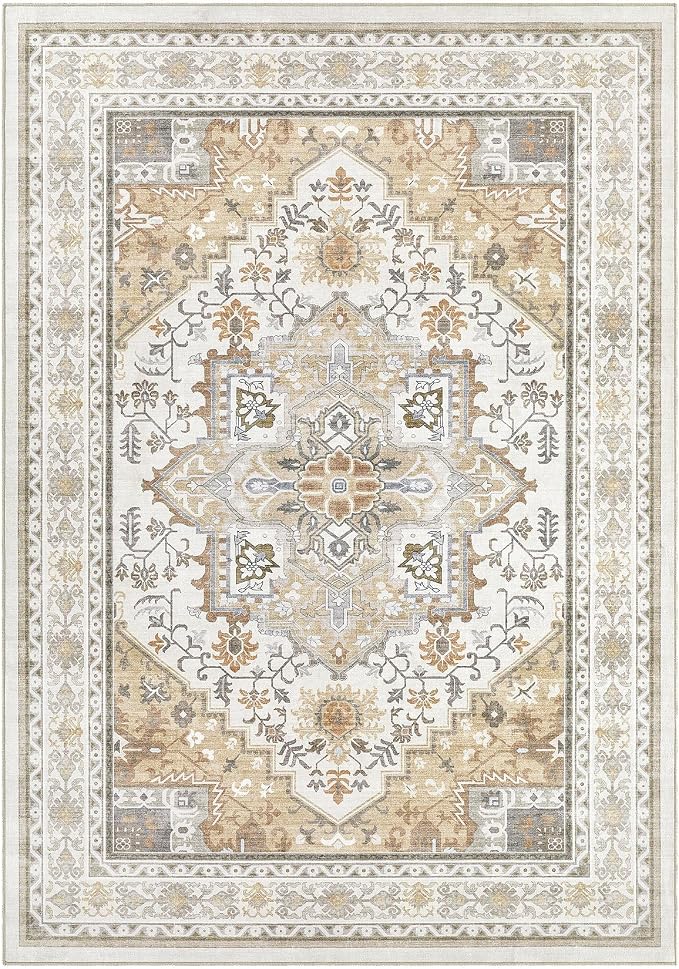 UERMEI 5x7 Area Rug for Living Room - Washable Vintage Carpet, Non-Slip Soft Large Indoor Floor Rugs for Bedroom Home Office & Under Dining Table Decor, Brown Beige
