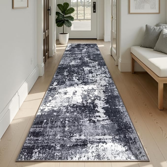 Sasttie 2x12 Soft Runner Rug for Entryway, Modern Abstract Washable Carpet for Hallway, Kitchen and Laundry Room, with Non-Slip Backing, Black and White