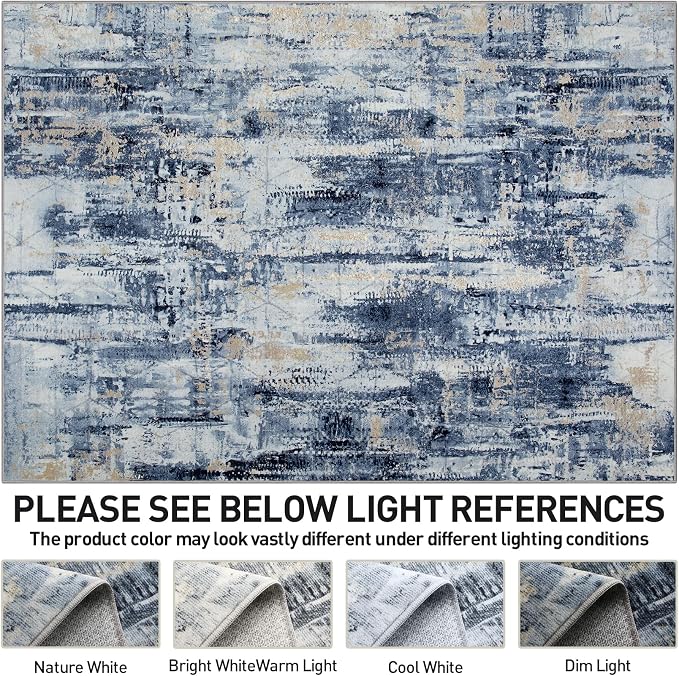 10x14 Area Rugs Washable Rug: Modern Abstract Living Room Rug Soft Anti-Skid Thin Carpet Indoor Floor Non-Shedding Carpets for Bedroom Dining Room Farmhouse Nursery Home Office Blue Gold