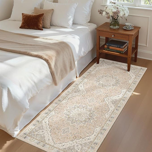 Madane Hallway Runner Rug 2x5 Washable Entry Rugs Non-Slip, Pink/Gray | Vintage Printed Low-Pile Kitchen Runners, Soft Low-Pile Stain-Resistant Throw Carpet for Bedroom Entrance Laundry Room 2'x5'