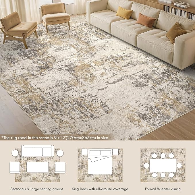 Tortania Washable 9x12 Area Rug for Living Room: Modern Abstract Neutral Large Soft Thin Rugs - Non Slip Indoor Carpet for Bedroom Dining Room Office Nursery Home Floor Decoration - Beige/Brown/Gray