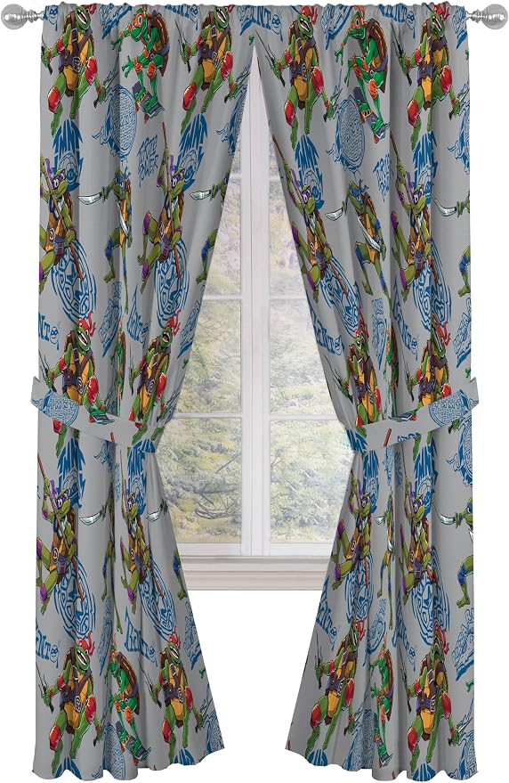 Jay Franco Window Curtains for Kids Bedroom 4-Piece Drape Set with 2 Tiebacks, Grey - Teenage Mutant Ninja Turtles, 42" W x 84" L (Pack of 2)