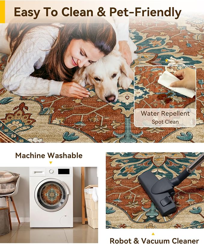 RELEANY Area Rugs Round 6ft Washable Non-Slip, Floral Vintage Distress Medallion Carpet for Living Room Bedroom Dining Room, Red Orange Blue Brown