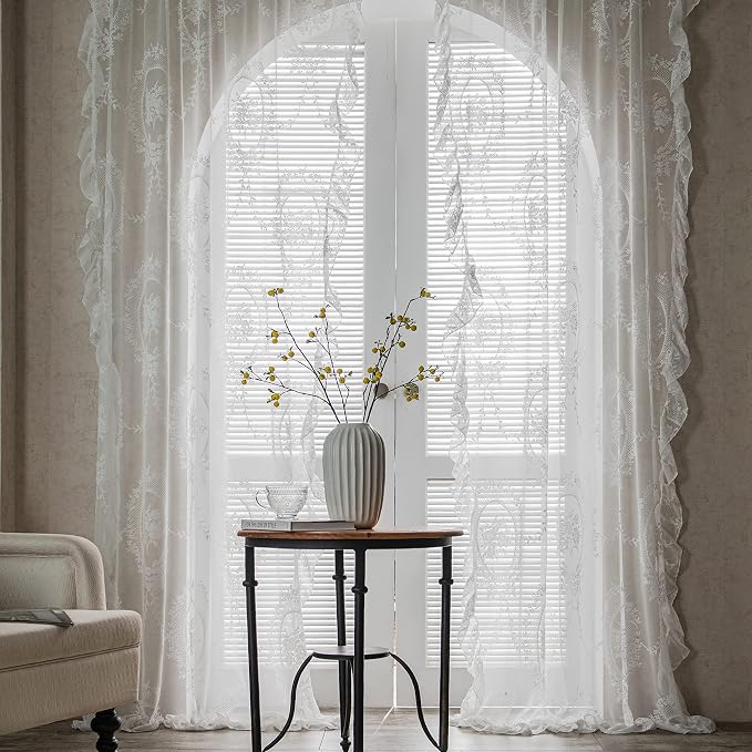 Sutuo Home White Lace Curtains Set of 2, Sheer Panels 63 Inch Length Rose Floral Embroidery Vintage Voile Window Treatment Pair for Bedroom Living Room, Shabby Chic Decor Rod Pocket, W57 x L63