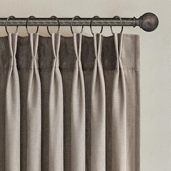 Topfinel Dark Flax Pinch Pleated Linen Curtains 120 Inch Length 2 Panels for Living Room Bedroom Semi Sheer Window Curtain Boho Neutral Back Tab Pinch Pleat Drape with Hooks 120 Inches Long