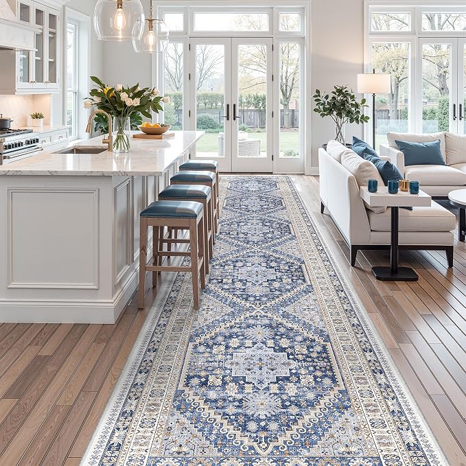 zesthome 3x18 Washable Runner Rug for Hallway, Non-Slip Long Hallway Runner for Entryway, Soft Vintage Kitchen Mats for Floor, Abstract Dining Room, Bedroom, Living Room Rugs(Blue/Beige,3'x18')