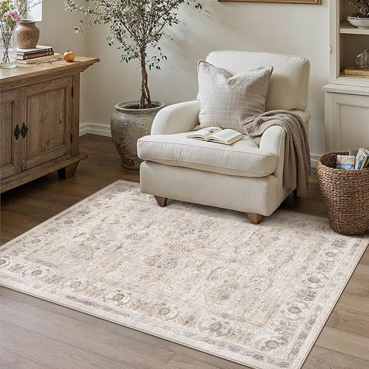 PureCozy 3x5 Area Rug Entryway Beige Washable Vintage Carpet Office Small Indoor Non Slip Soft Low Pile Thin Stain Resistant Distressed Accent Throw Rug for Entrance Bedroom Dining Living Room