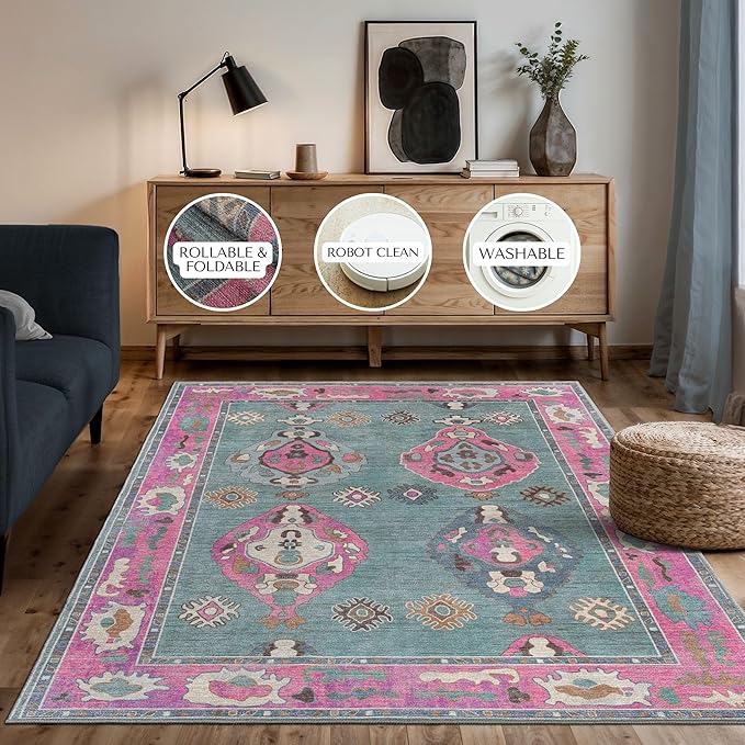 Green Pink Oushak Long Hallway Runner Rug 2'5x12' - Boho Washable Non-Slip Runner Rugs, Vintage Turkish Eclectic Extra Long Runner Rugs for Hallway Kitchen Entryway Foyer Corridor
