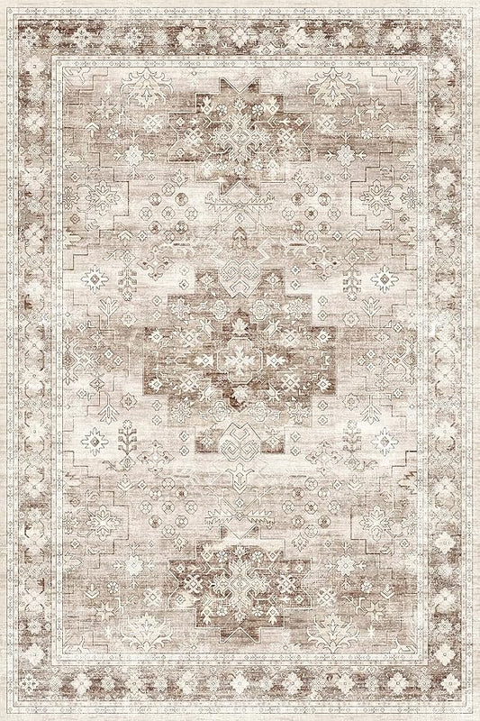 Hazo Haus Washable Neutral Farmhouse Living Room Rug, 4x6 Area Rugs for Bedroom, Nursery Room, Boho Vintage Floral Non-Slip Rug Low Pile Stain Resistant (4x6 Beige/Latte)