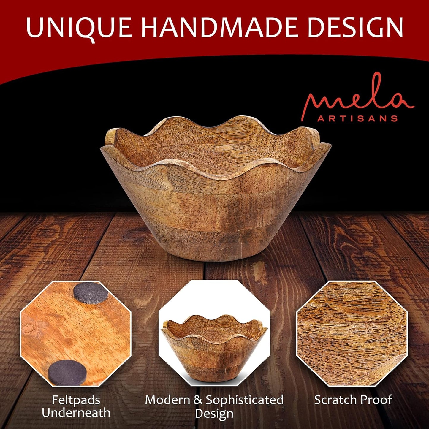 Mela Artisans Wooden Scalloped Bowl - Small | Ruffle Decorative Style | Rustic Kitchen Decor | Mango Wood | Natural Grain Finish | Fits Bread, Fruits, Salad or Popcorn | 8” x 4” x 7”