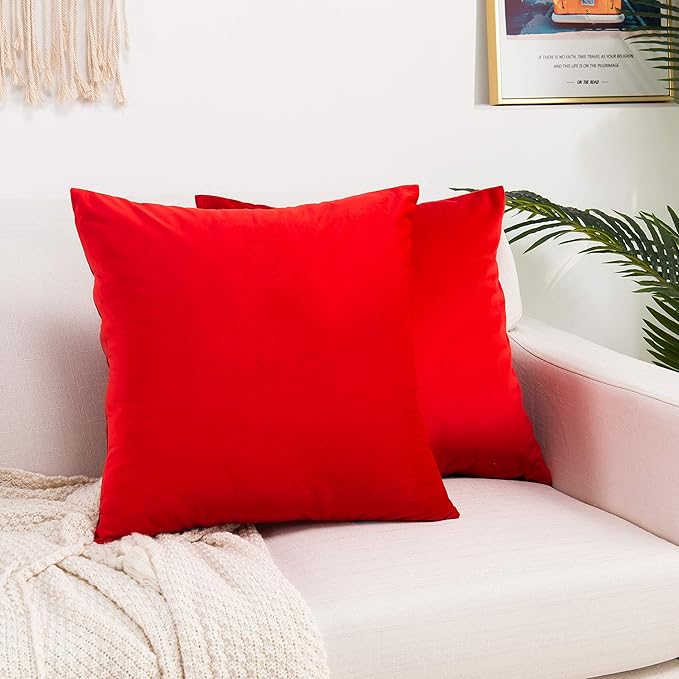 Elegant Comfort Velvet Cushion Covers Pack of 2, Velvet Soft Solid Decorative Square Throw Pillow Covers Set Cushion Case for Sofa Bedroom Car 18 x 18 Inch (45 x 45 cm), Solid Red