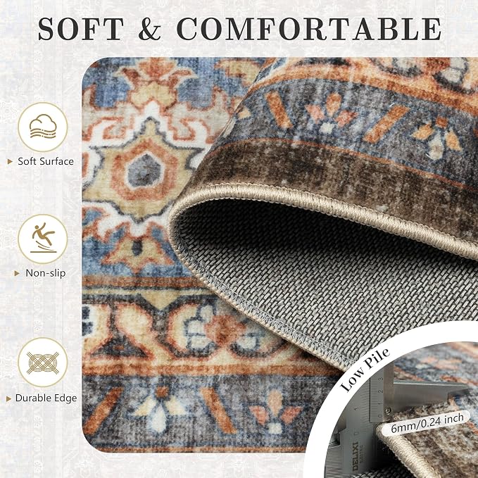 6x9 Area Rugs - Washable Vintage Retro Living Room Rug, Soft Ultra Thin Non Slip Low Pile Traditional Distressed Boho Carpet for Bedroom Dining Room Nursery Home Office, Dark Red Brown