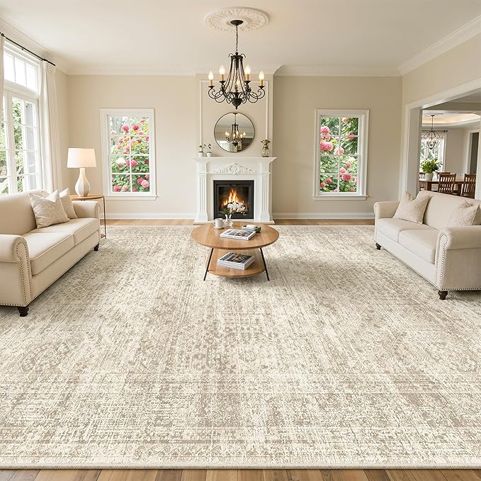 Soalmost 10x14 Area Rugs for Living Room, Non Slip Machine Washable Vintage Rugs, Low Pile Lightweight Large Rug for Bedroom, Dining Room, Home Office Beige
