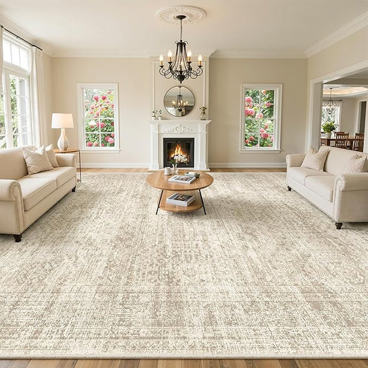 Soalmost 10x14 Area Rugs for Living Room, Non Slip Machine Washable Vintage Rugs, Low Pile Lightweight Large Rug for Bedroom, Dining Room, Home Office Beige