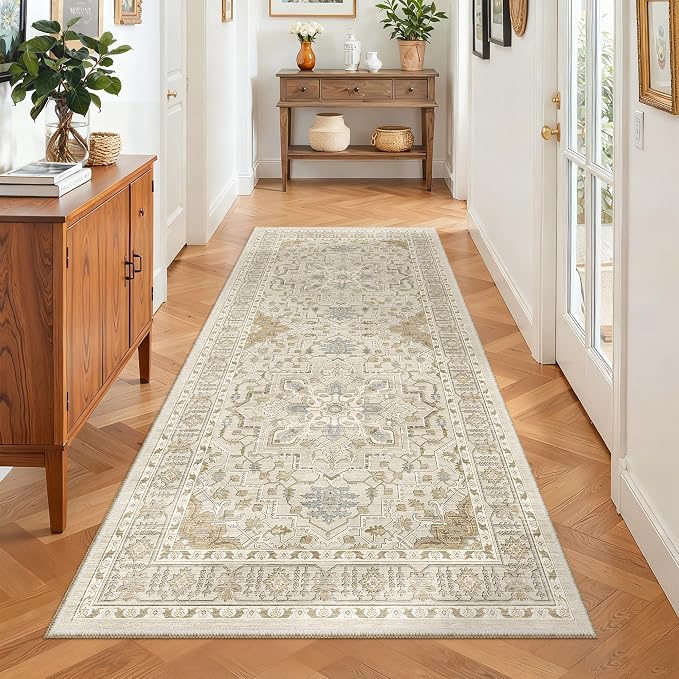 Madane Washable Runner Rug 3x6 Runners for Hallways Non Slip, Beige/Blue | Vintage Stain-Resistant 6 Feet Kitchen Rug, Soft Low-Pile Ultra-Thin Floor Carpet Mat for Bathroom Laundry Room Bedroom 2x6ft
