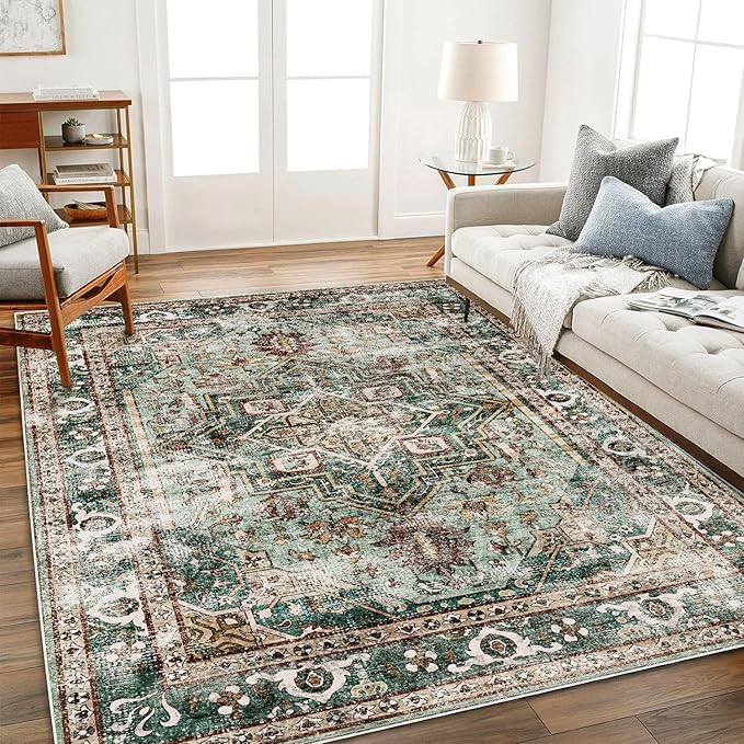 CHAMPLANT Area Rug 8'x10' Green Washable Vintage Traditional Mat Distressed Indoor Foldable Thin Retro Accent Floral Print Non Slip Carpet for Living Room Dining Room Office