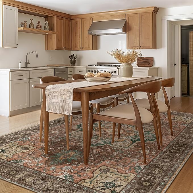 GENIMO 9x12 Area Rugs for Living Room, Non Slip Machine Washable Vintage Rugs, Low Pile Lightweight Print Large Rug for Bedroom, Dining Room, Home Office, Rosewood