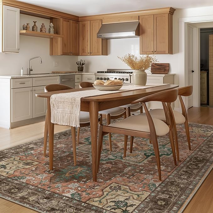 GENIMO 8x10 Area Rugs for Living Room, Machine Washable Non Slip Vintage Rugs, Low Pile Lightweight Print Rug for Bedroom, Dining Room, Home Office, Rosewood