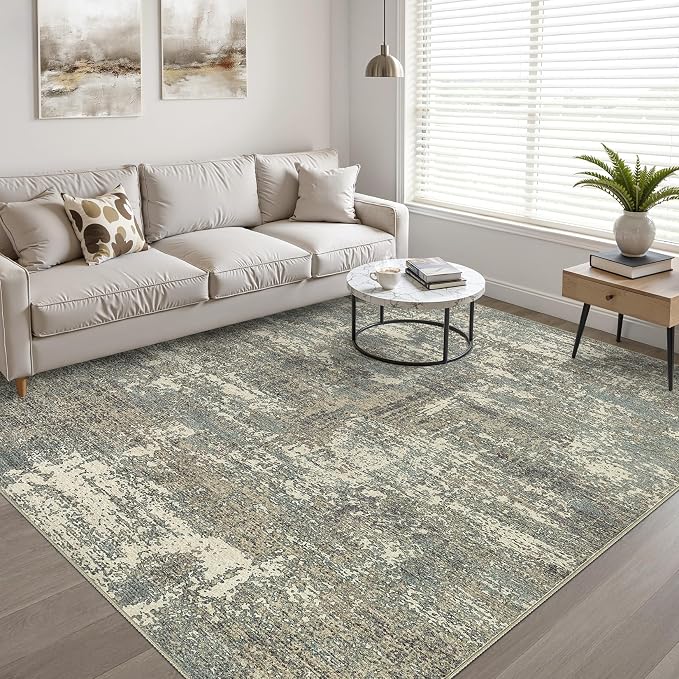 6x9 Area Rugs Living Room: Washable Large Neutral Rug Abstract Soft Modern Stain Resistant Indoor Floor Non-Slip Carpet for Bedroom Nursery Kids Office Playroom Dining Room- Green Brown