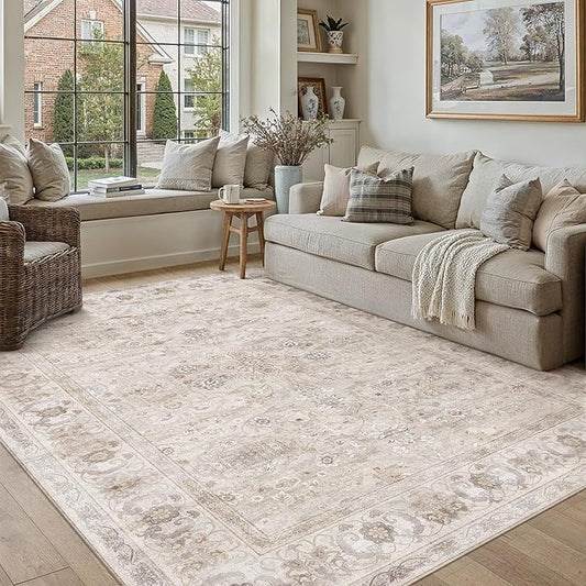 PureCozy 5x7 Area Rug Beige Washable Vintage Living Room Carpet Bedroom Indoor Non Slip Soft Low Pile Thin Stain Resistant Distressed Accent Throw Rug for Dining Office Nursery