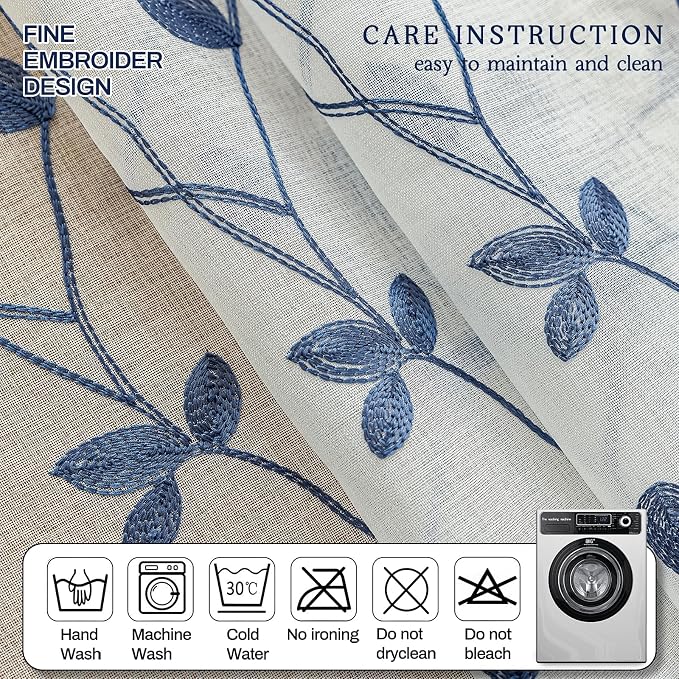 AmHoo 2 Panels Embroidered Leaf Pattern Semi Sheer Curtains Foliage Floral Voile Window Draperies Treatment for Bedroom Living Room Rod Pocket White Blue Lolite 53 x 84 Inch