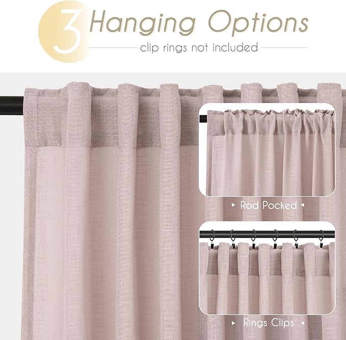 Blush Pink Curtains for Living Room Back Tab Modern Farmhouse Semi Sheer Curtains 96 inches Long 2 Panels Set Muted Neutral Window Curtain for Dining Room Bedroom 52x96