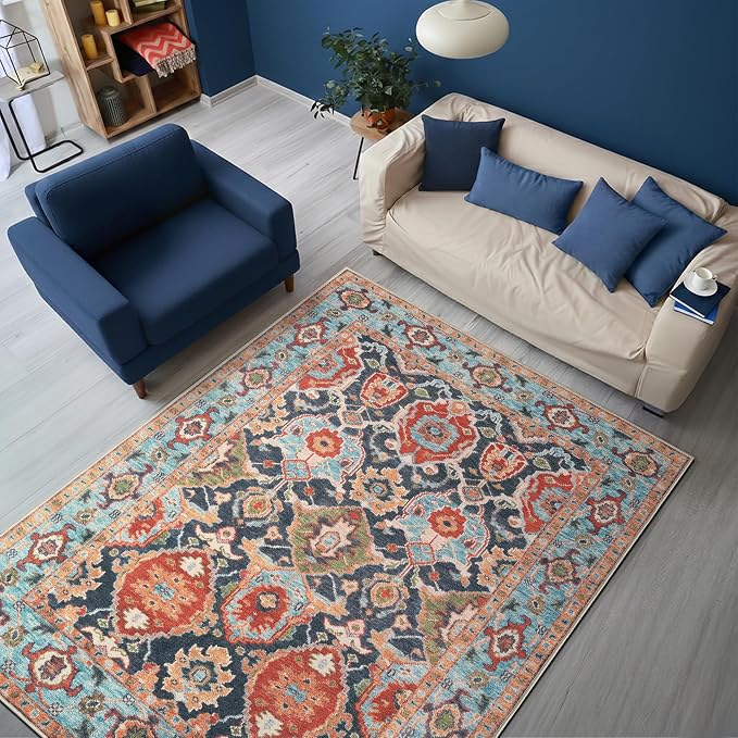 Keen Home Design 5x7 Rug - Machine Washable Area Rug with Non-Slip Backing, Ideal for Living Room, Dining Room, Bedroom - Vintage, Easy Clean, Durable, Low Pile Rug - (5' x 7')