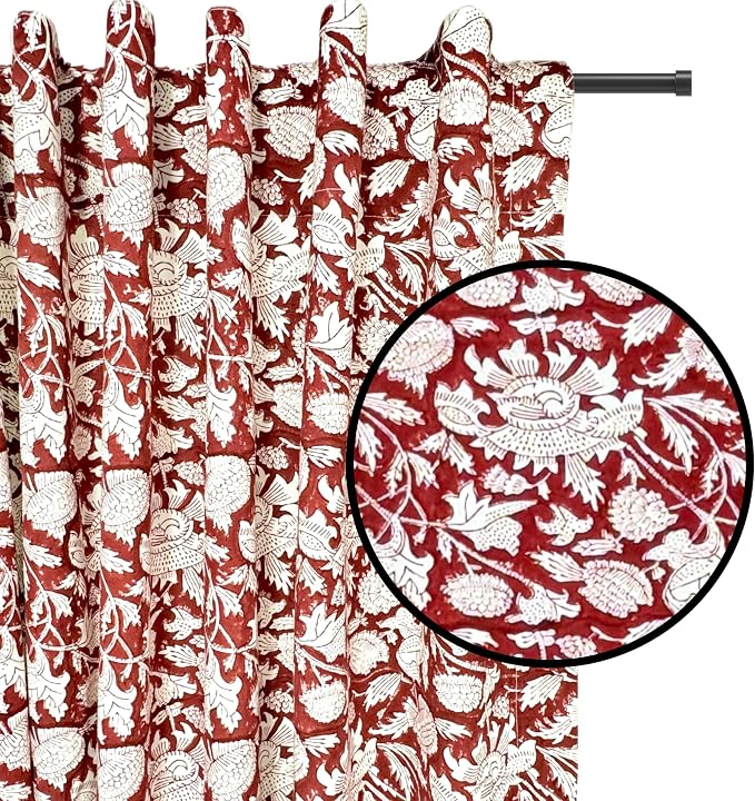 ATOSII 100% Cotton Single Panel Floral Block Print Curtain, Easy Hanging with Rod Pocket & Loop, Living Room, Dining Room, Bedroom Light Filtering Boho Curtains, Set of 1, 60" W X 96" L, Meraki Red