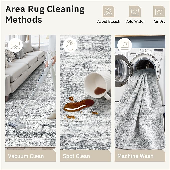 Soalmost 5x7 Area Rugs Gray Low Pile Indoor Washable Trendy Faded Style Rugs for Bedroom Living Room Dining Room Foldable Non-Slip Thin Grey Print Mat