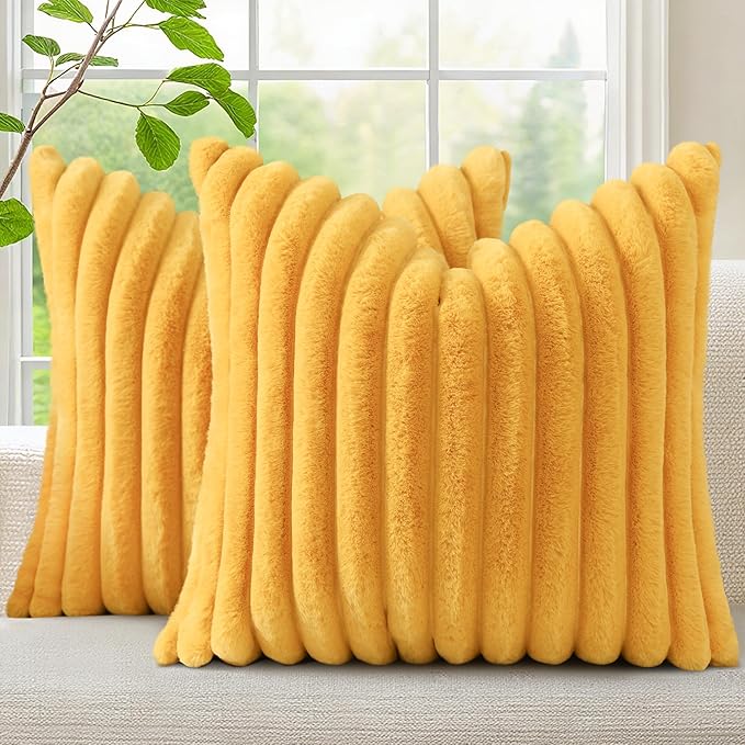 decorUhome Fall Cozy Faux Fur Throw Pillow Covers 18x18 Set of 2 Decorative Soft Plush Striped Modern Farmhouse Boho Couch Pillow Cases with Velvet Back for Sofa Bed Living Room, Mustard Yellow