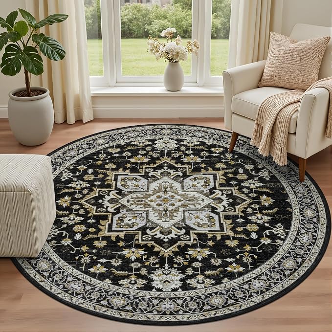 Round Area Rug for Living Room: 6ft Washable Vintage Boho Soft Thin Circle Rug Indoor Floor No Slip Stain Resistant Carpet for Bedroom Dining Room Farmhouse Nursery Home Office -Black Gold