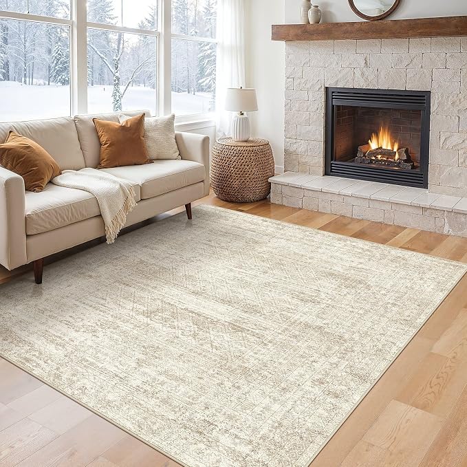 UERMEI Square Area Rugs : Washable 8x8 Neutral Modern Abstract Carpet for Living Room Bedroom - Soft Floor Mat with Non Slip Backing for Kitchen Nursery Dorms Farmhouse Home Decor - Beige/Brown