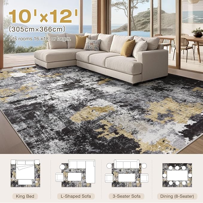 Abstract 10x12 Area Rug: Machine Washable Non Slip Ultra Thin Low-Pile Carpet, Soft Stain Resistant for Living Dining Room Bedroom, Kid Pet Friendly, Robot Vacuum Compatible - Black Gold