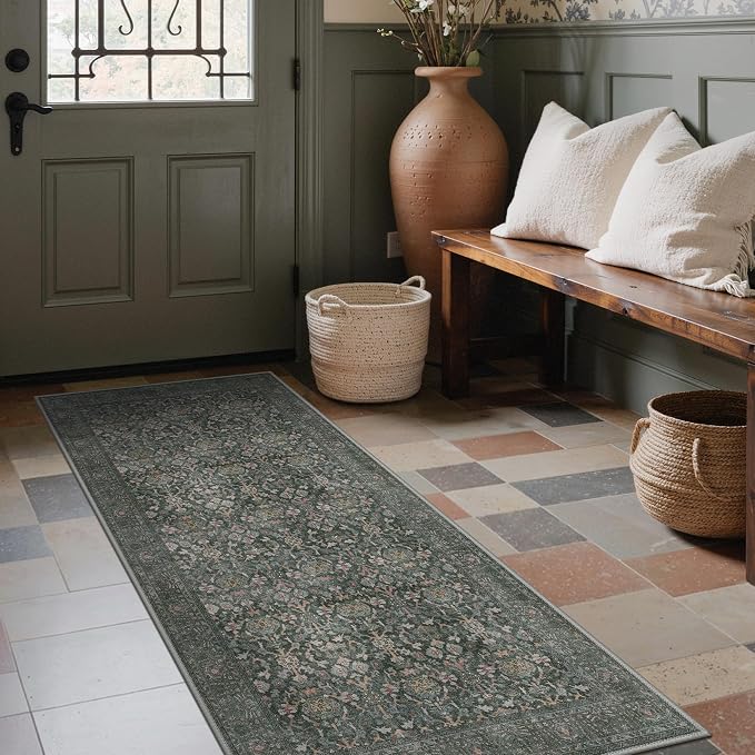 Bavni 2x10 Rug Runners for Hallways, Washable Runner Rug Non Slip,Vintage Floral Print Style Rugs for Bedroom-Lightweight Low Pile Carpet for Hallways Bathroom, Dark Green