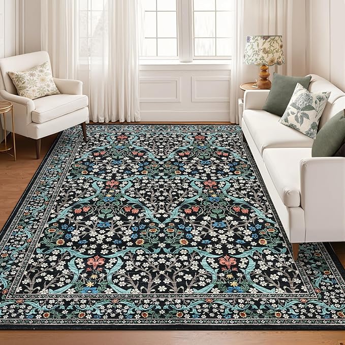 GarveeHome Washable Rug for Living Room, 9x12 Large Area Rug for Dining Room Under Table, Bedroom, Floral Soft Low Pile Non Slip Stain Resistant Carpet for Nursery, Playroom, Office, Black