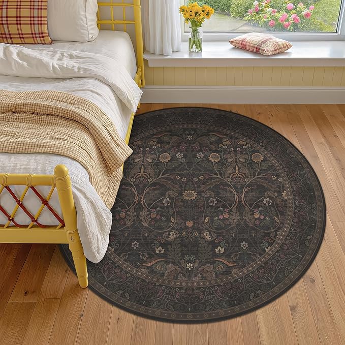 Floral 6ft Round Carpet for Dining Room Under Table, Thin Low Pile Soft Botanical Patern Area Rug for Bedroom, Living Room, Traditional Home Décor Non Skid (Black and Brown)