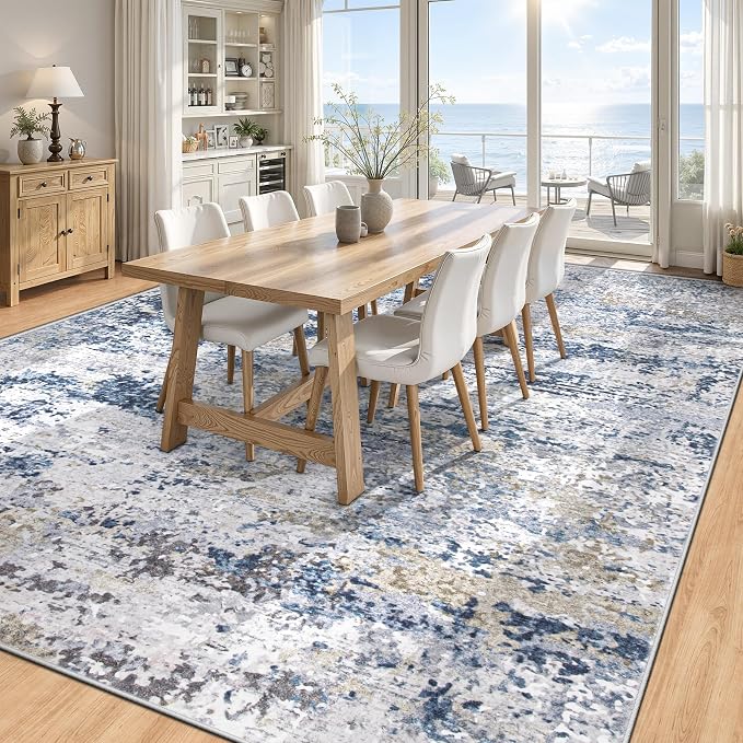 8x10 Area Rugs for Living Room: Washable Abstract Neutral Rug Large Modern Soft Non Slip Low Pile Rugs Floor Indoor Stain Resistant Carpet for Bedroom Dining Room Home Office (Blue, 8'x10')
