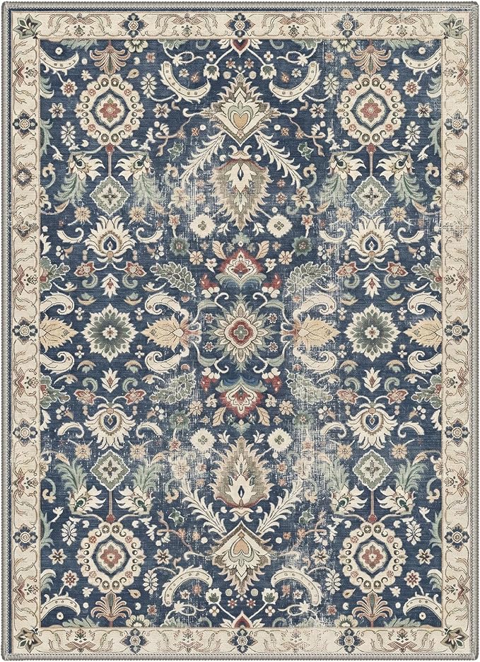 Bavni Area Rugs for Living Room, 5x7 Area Rugs Non-Slip Washable，Ultra-Thin Floral Rug for Bedroom Dinning Room Office, Muted Navy