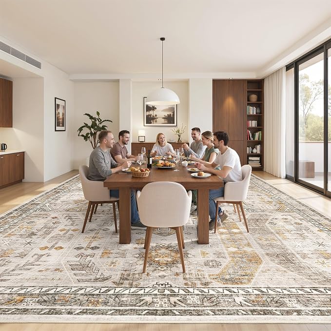 befbee 10x14 Area Rugs,Ultra-Thin Washable Rugs for Living Room,Non-Slip Lightweight Foldable Area Rug,Stain Resistant Vintage Large Rugs (Brown/Gold, 10'x14')